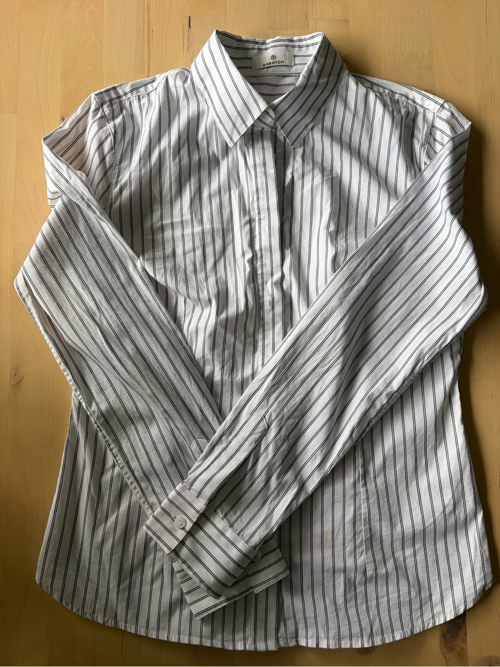Babaton White Button-Down Dress Shirt with Blue Pinstripes